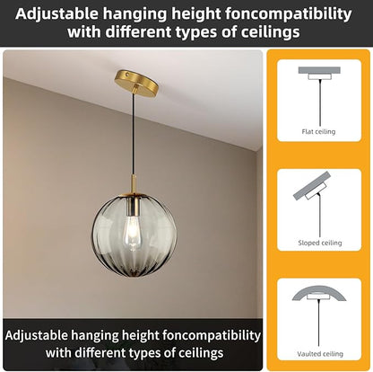 Modern Smoke Grey Glass Pendant Light, Kitchen Island Lighting 2-Pack Globe Pendant Light Fixtures Century Kitchen Island Pendant Lighting for Bedroom Living Dining Room Light Fixture (Without Bulb)