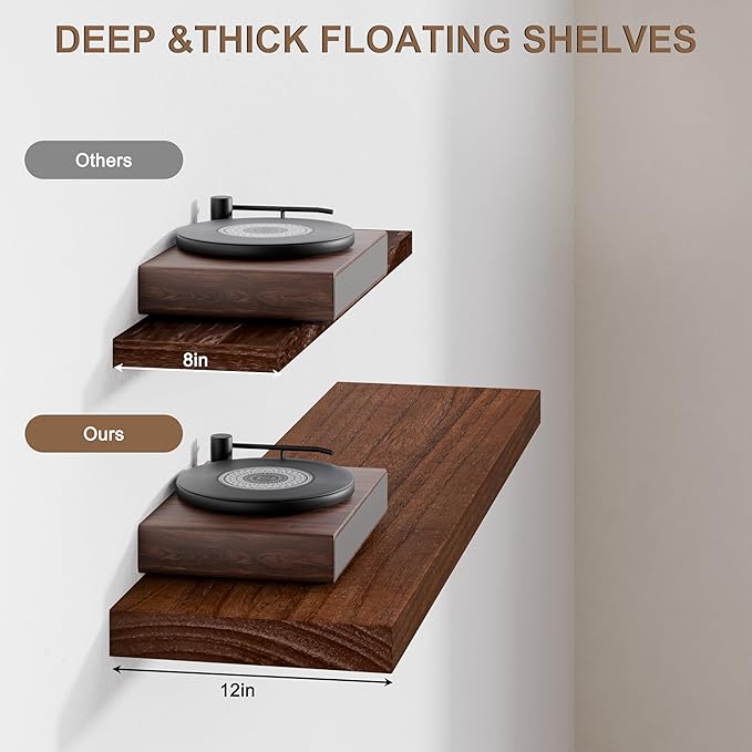 48x12 Inch Floating Shelves for Wall, Set of 2 Solid Wood Wall Shelves, Extra Long Heavy Duty Wall Mount Shelf for Kitchen & Living Room, Rustic Walnut Floating Shelves
