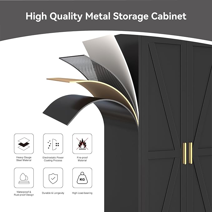 Metal Combination Cabinet, Utility Storage Cabinet with 4 Shelves, Farmhouse Pantry Closet with Doors, 71" Tall Storage Cabinets with Hanging Rod and Clothing Shelf for Hallway Laundry Mudroom