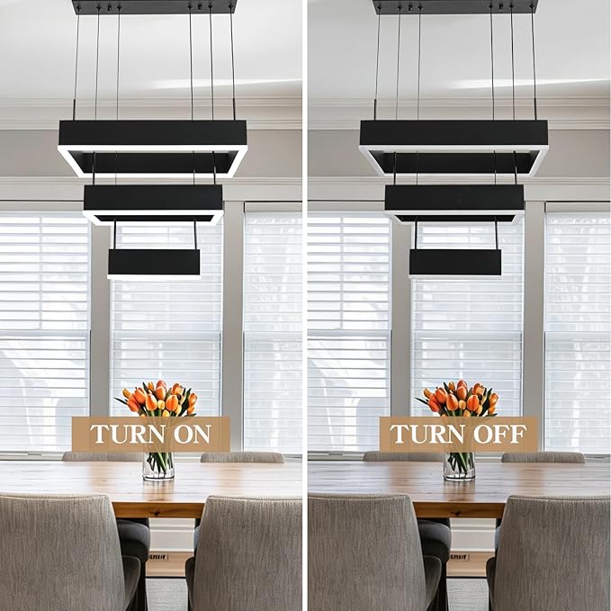 O'NEELDY Modern Chandelier 58W LED Black Pendant Light Embedded Mount Square Rings LED Chandeliers Dining Room Light Fixtures for Kitchen Bedroom, 6000K