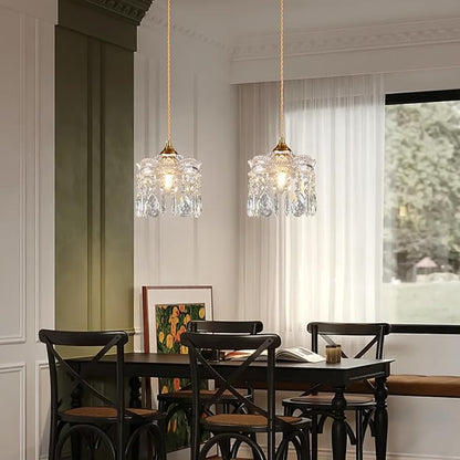 Brass Vintage Glass Pendant Light Crystal Pendant Lights Kitchen Island,Adjustable Height Pendant Lighting for Dining Room Farmhouse Living Room(2-Pack)