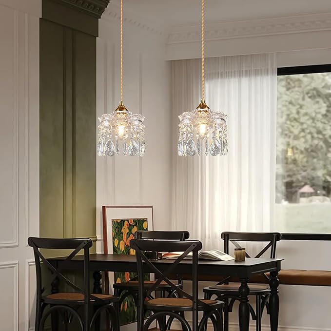 Brass Vintage Glass Pendant Light Crystal Pendant Lights Kitchen Island,Adjustable Height Pendant Lighting for Dining Room Farmhouse Living Room(1-Pack)