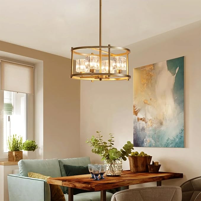 Modern Gold Chandeliers for Dining Room Over Table, Farmhouse Pendant Lighting Fixtures Drum Chandelier 4-Light Round Ceiling Lights