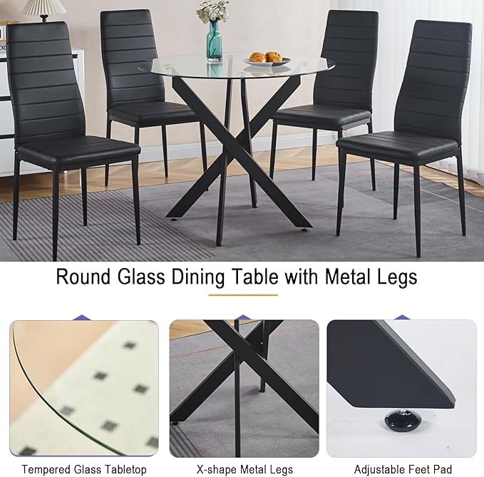 36'' Round Glass Dining Table for 2-4, Round Dining Room Table for Small Space, Circular Glass Kitchen Table for 4, X-Shape Black Metal Legs
