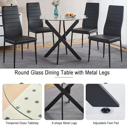 36'' Round Glass Dining Table for 2-4, Round Dining Room Table for Small Space, Circular Glass Kitchen Table for 4, X-Shape Black Metal Legs