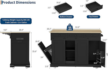Large Rolling Kitchen Island with Power Outlet, Mobile Kitchen Cart on Wheels with Drop Leaf, 3 Drawers, Trash Can Storage, Spice Rack, Towel Holder, Kitchen Island Table for Dining Room, Home, Black