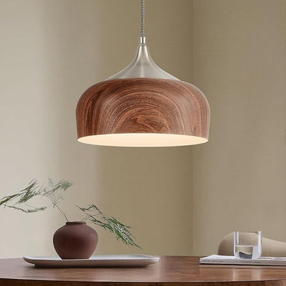 ELYONA Brushed Nickel Pendant Light Wooden Pattern Dome Pendant Light Fixture Nickel Metal Modern Adjustable Hanging Lighting for Kitchen Island Dining Room Office Hallway Foyer Bedroom, 12 Inch
