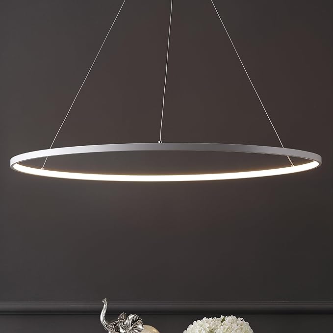 JONATHAN Y 35" Matte White Modern Integrated LED Pendant Light, Dimmable Round Hoop Chandelier for Kitchen Island, Dining Room, Adjustable Height Metal Hanging Light (JYL7220I)