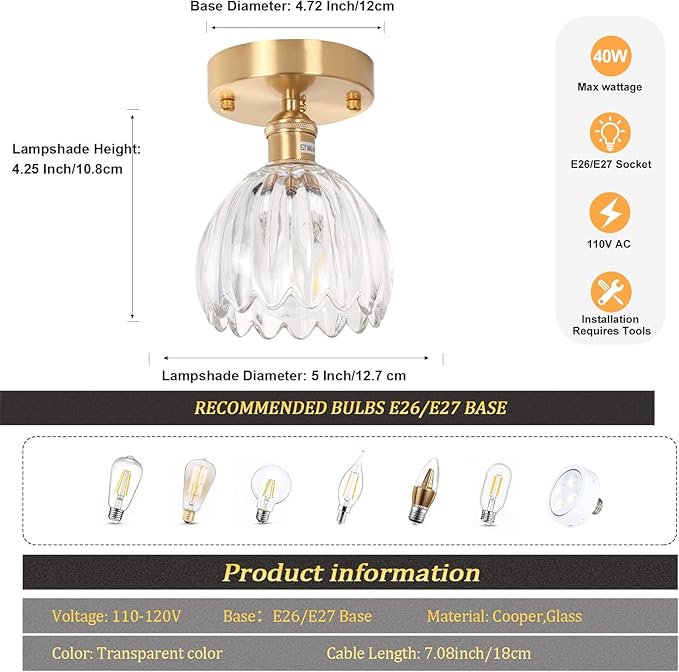 Shenmoyl Semi Flush Mount Gold Vintage Lights Fixture, Clear Tulip Glass, Bulb Included, 4.72" Base Modern Ceiling Light for Porch, Corridor, Kitchen, Bedroom
