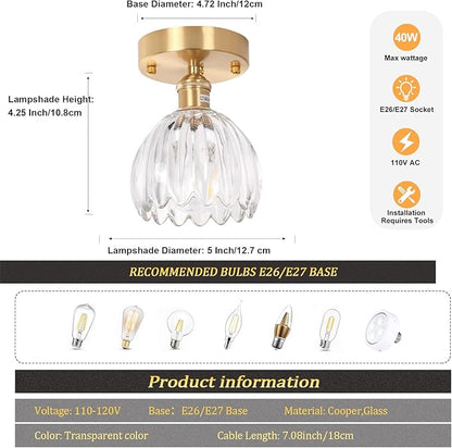 Shenmoyl Semi Flush Mount Gold Vintage Lights Fixture, Clear Tulip Glass, Bulb Included, 4.72" Base Modern Ceiling Light for Porch, Corridor, Kitchen, Bedroom