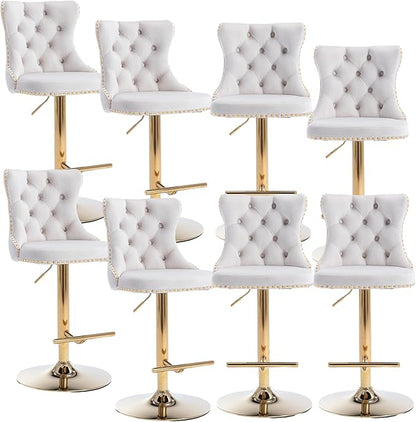 Rhomtree Velvet Swivel Bar Stools Upholstered Bar Stool with Button Tufted Back and Pull Ring Height Adjustable Barstools 25-33 Inch for Home Pub and Kitchen Island (Beige with Gold Base, Set of 8)