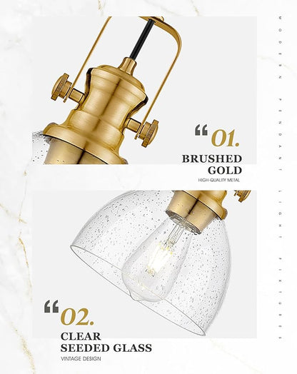 Pendant Lights Kitchen Island 2 Pack, 7.5" Farmhouse Pendant Lighting with Clear Seeded Glass Shade, Vintage Hanging Light Fixtures for Dining Room, Brushed Gold, AD-22151-1P2-GD