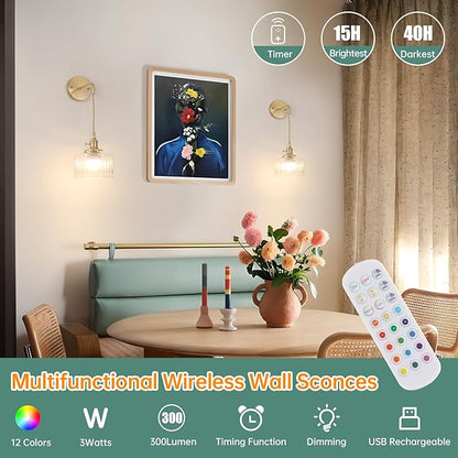 Shenmoyl Battery Operated Wall Sconce with Clear Striped Shade Pattern Glass Adjustable Chain Retro Gold Wall Mounted Light, Modern Wall Decor for Bedside Bedroom Indoor Doorway， Set of 2