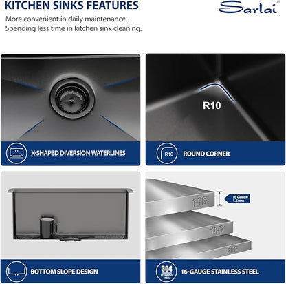 Sarlai 25 Inch Black Kitchen Sink Undermount - 25"x19" Undermount Sink Ledge Workstation Stainless Steel Gunmetal Black 16 Gauge Deep Single Bowl Under Counter Kitchen Sinks with Accessories