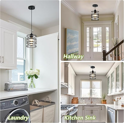 3-Pack Spiral Glass Pendant Lights Kitchen Island Mini Black Pendant Light Modern Metal Cage Handblown Seeded Glass Ceiling Hanging Lamp Adjustable Cord for Dining Room Foyer Hallway, E26