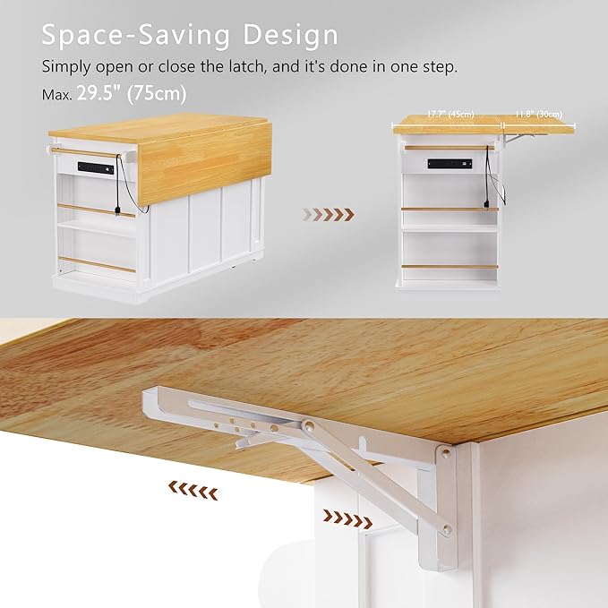 53'' Large Kitchen Island with 3 Drawers & Power Outlet & Door Internal Storage Rack & 5 Open Side Racks, Kitchen Storage Cart with 5 Wheels & Drop Leaf & 5 Open Side Racks, White