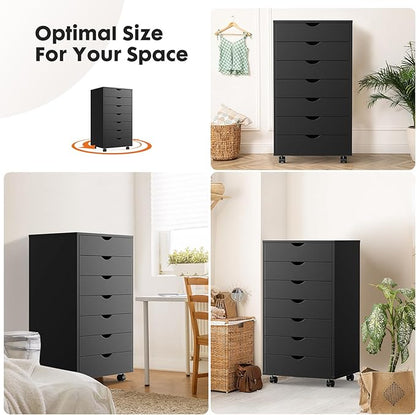 OLIXIS 7 Drawer File Cabinet, Mobile Filing Cabinet Under Desk Storage Organization with Wheels, Vertical Filing Chest Rolling Wood Small Desk Printer Stand for Home Office, Dark