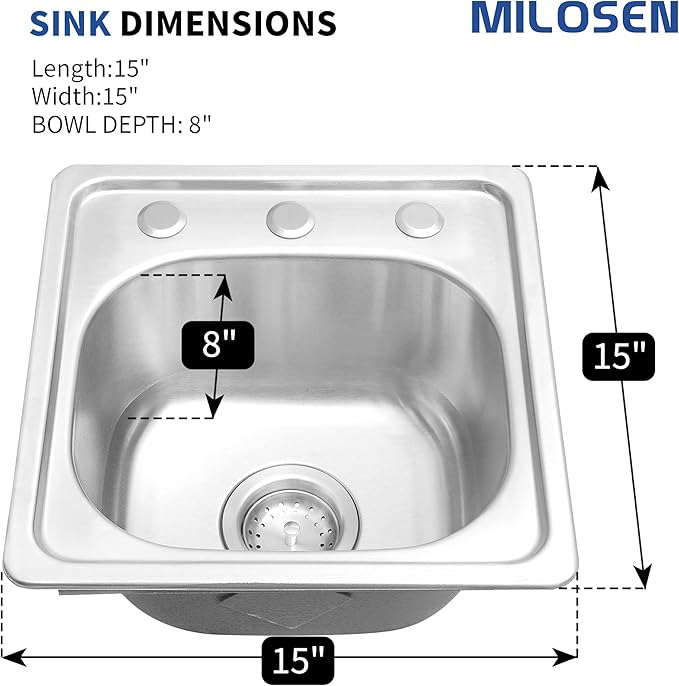MILOSEN 15 x 15 inch Drop in Bar Sink, T304 Stainless Steel RV Kitchen Sinks, 8'' Deep Outdoor Single Bowl Wet Bar&Prep Small Topmount RV Sinks with Strainer, Brushed Nickel