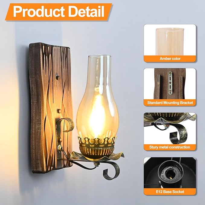 Rustic Wall Sconces Sets of 2, Oil Rubbed Bronze Wall Sconce Indoor Retro Wall Lamps with Amber Glass E12 Wood Bedside Wall Light Fixture for Hallway Living Room Bedroom Fireplace