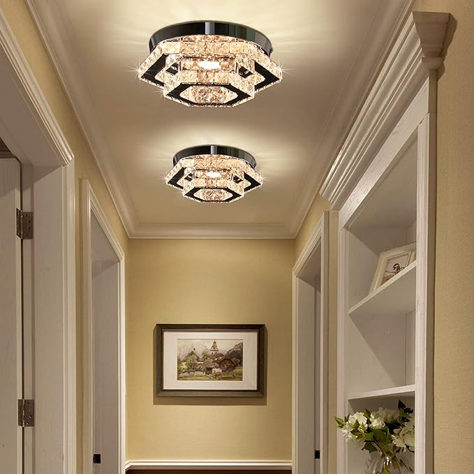 CXGLEAMING Modern Crystal Chandelier LED Flush Mount Ceiling Light Hexagonal Pendant Lamp Fixture 3 Color Changing Ceiling Light for Bedroom Hallway Bar Living Room Bathroom