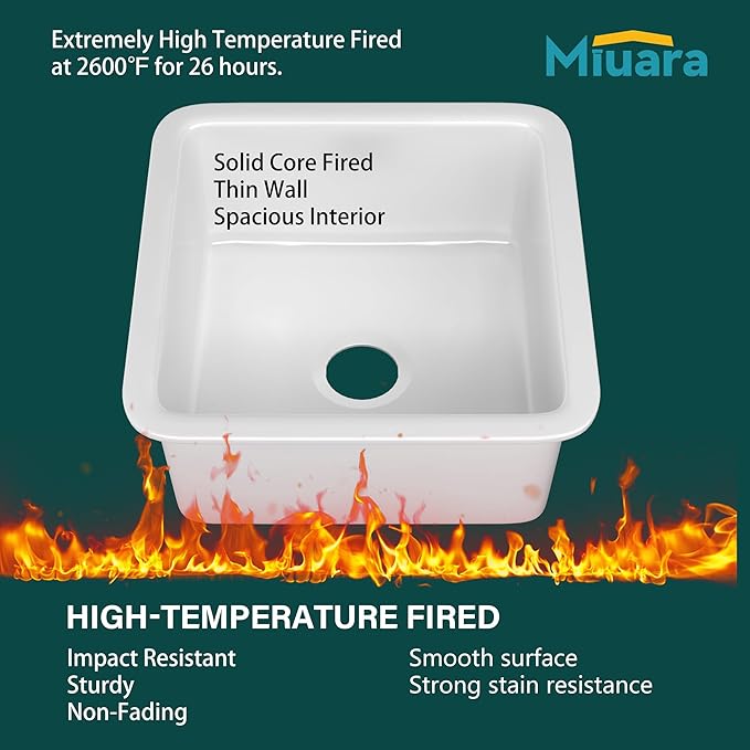 Miuara White Undermount Bar Sink 18 Inch - Small Topmount Kitchen Sink Drop In 18”x18”x9”, Dual Mount Single Bowl, Heavy Duty Solid Fireclay, w 2 Accessories, for Kitchen, Laundry, Powder, Outdoor