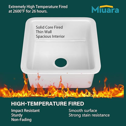 Miuara White Undermount Bar Sink 18 Inch - Small Topmount Kitchen Sink Drop In 18”x18”x9”, Dual Mount Single Bowl, Heavy Duty Solid Fireclay, w 2 Accessories, for Kitchen, Laundry, Powder, Outdoor