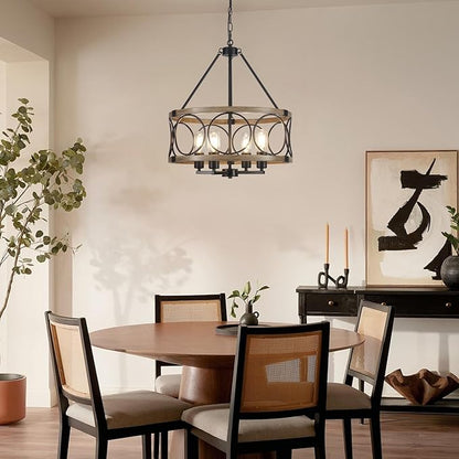 4-Light Farmhouse Chandelier, Rustic Faux Wood Chandeliers Dining Room Light Fixture, Round Pendant Light, Hanging Kitchen Island Light for Living Room, Entryway, Foyer-Black & Wood Grain
