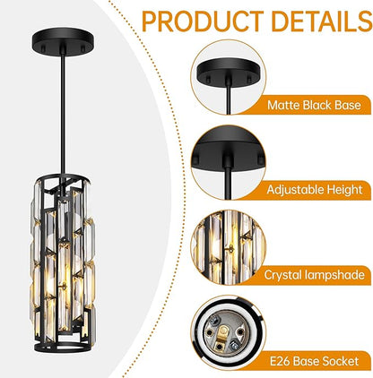 Black Pendant Lights Kitchen Island 1 Pack, Mini Crystal Chandeliers, Modern Pendant Lights Ceiling Lighting Fixtures for Kitchen Island, Dinning Room, Bedroom