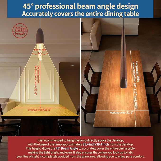 70" Wood Linear Pendant Light, Dimmable Kitchen Island Lighting with Remote, 30W LED Island Lights for Kitchen, Adjustable Linear Chandelier for Dinning Room Light Fixture, Bar, Pool Table - Walnut