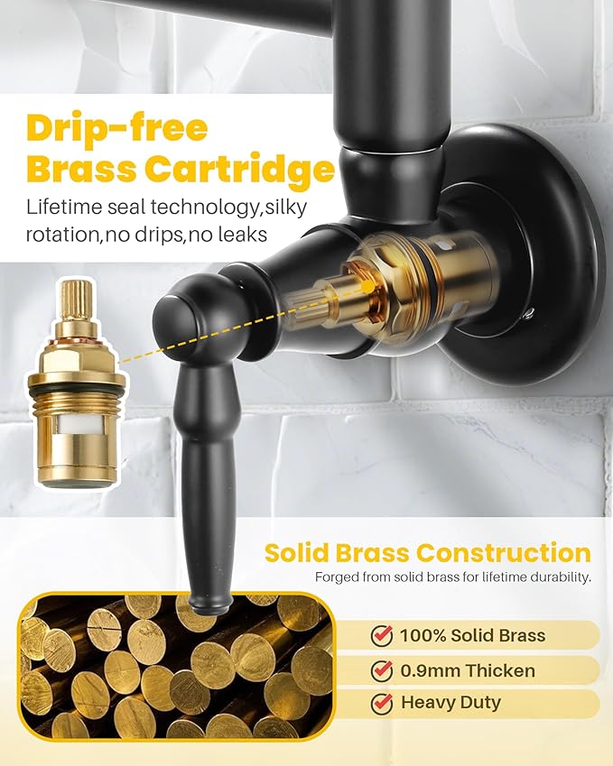 Pot Filler Faucet Matte Black: Solid Brass Wall Mount Heavy Duty Stove Pot Filler with Double Joint Swing Arms - Single Hole Commercial Folding Stretchable Faucet 2 Handles for Kitchen Restaurant