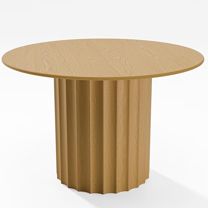 Casaphoria 46" Round Dining Table, Modern Wood Kitchen Table with Cylindrical Wide Bar Concave Base for Living Room & Dining Room, Easy Assembly Farmhouse Furniture for 4-6, Oak