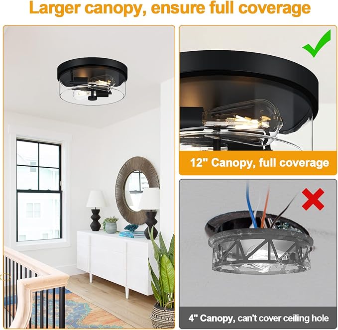 szzgco Flush Mount Ceiling Light Fixtures, 2-Light Black Ceiling Mount for Farmhouse with Clear Glass Lampshade, Industrial Flush Mount Light Fixture for Hallway, Kitchen, Entryway and Foyer