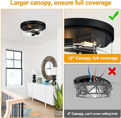 szzgco Flush Mount Ceiling Light Fixtures, 2-Light Black Ceiling Mount for Farmhouse with Clear Glass Lampshade, Industrial Flush Mount Light Fixture for Hallway, Kitchen, Entryway and Foyer