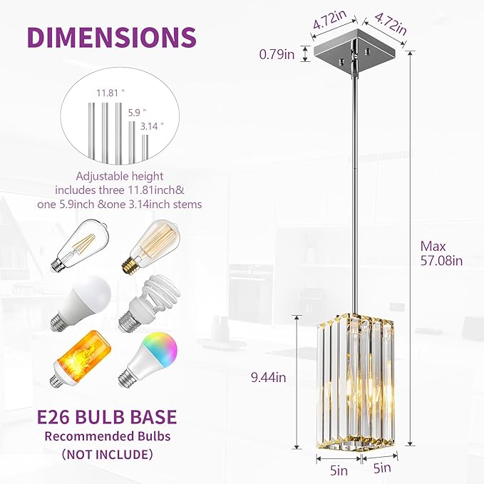 Modern Pendant Light Chrome Rectangle Pendant Lighting Mini Crystal Chandeliers Adjustable Pendant Light Fixture for Kitchen Island Dinning Room Living Room Corridor Bedroom(Chrome 1-Pack)