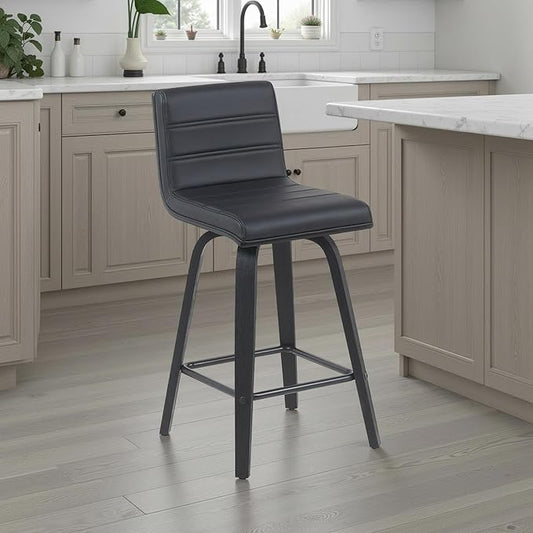 Vienna Modern Counter Height Swivel Bar Stool with Black Faux Leather Seat and Black Brushed Wood Frame Set of 4