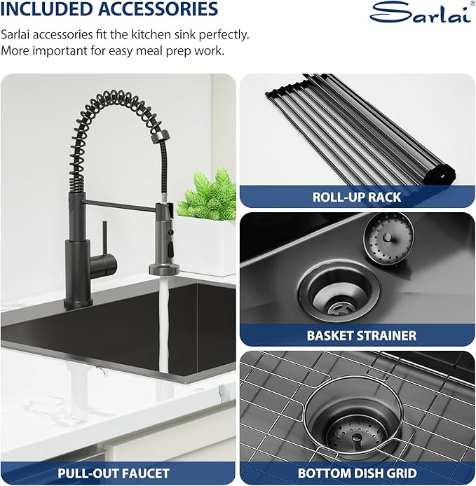 Sarlai Laundry Sink with Faucet Drop In 25"x22"x12" Deep Black Laundry Utility Kitchen Sink Drop-in Topmount Single Bowl Sink 16 Gauge Stainless Steel Gunmetal Black Kitchen Laundry Room Sinks