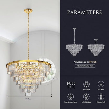 Gold Crystal Chandelier Lighting Modern Contemporary Empress Chandeliers Pendant Ceiling Lamp Light Fixture 7-Tier for Dining Living Room Hotel 24 Lights W39.4