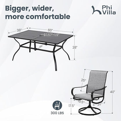 PHI VILLA Patio Dining Set for 6, Large Metal Table and 6 Outdoor Swivel Dining Chairs with Textilene Mesh Fabric, All Weather Patio Dining Furniture Set for Deck Lawn Garden (Gray)