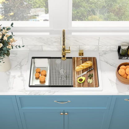 Sarlai 33 Granite Composite Kitchen Sink - 33 x22 Inch Granite Drop In Kitchen Sink Topmount Ledge Workstation White Sinks Quartz Classic Above Counter Single Bowl Basin With Accessories