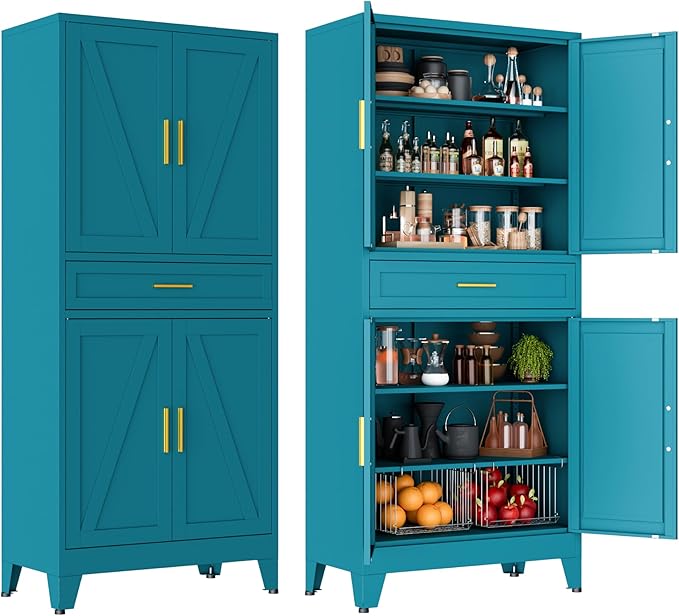 LCAOPC 71" Tall Pantry Storage Cabinet with Drawer and Adjustable Shelves, Freestanding Tall Kitchen Cupboard Storage Cabinet for Kitchen,Dining Room, Living Room, Blue
