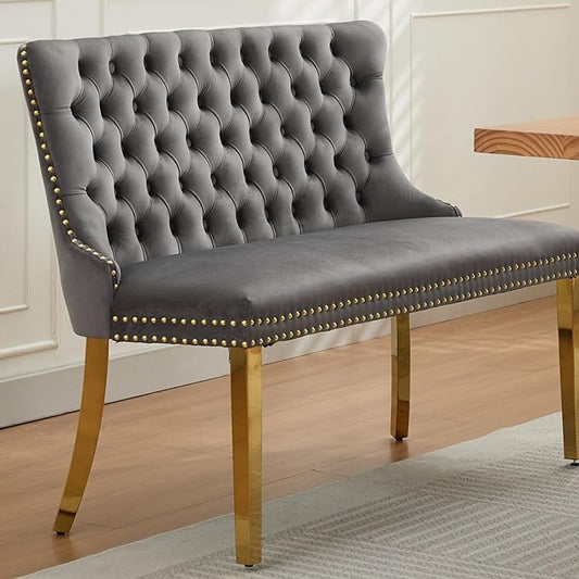 45.6in Upholstered Dining Bench, Mid-Century Modern Kitchen Room Bench with Tufted Back and Metal Legs, Velvet Small Sofa Couch Bench, Grey Gold