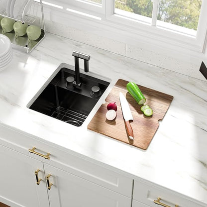13x15 Outdoor Kitchen Sink Black Concealed Undermount RV Sink Gunmetal Black NANO PVD Stainless Steel Handmade Ledge Workstation Single Bowl Outdoor Sinks with Concealed Folding Faucet,13"x15"x9"