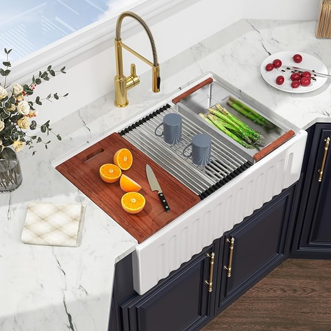 33 White Farmhouse Kitchen Sink Double Bowl - Kichae 33" x 20" Ledge Workstation Fluted Apron Front Ceramic Porcelain Farm Sinks Single Bowl