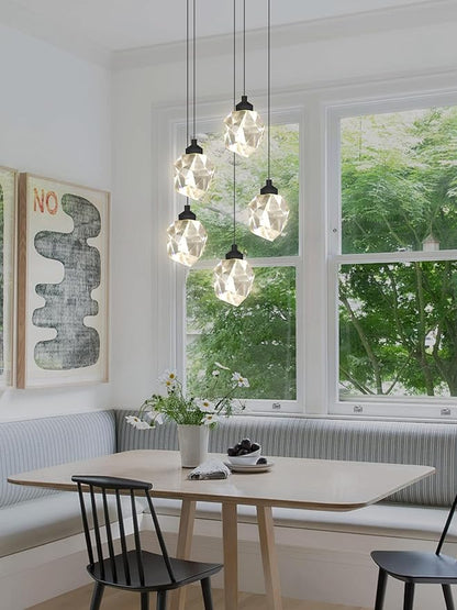5-Light Cluster Crystal Raindrop Pendant Lights- 25W Black LED Dimmable Hanging Light Fixture Chandelier for Kitchen Island, Dining Room Living Room
