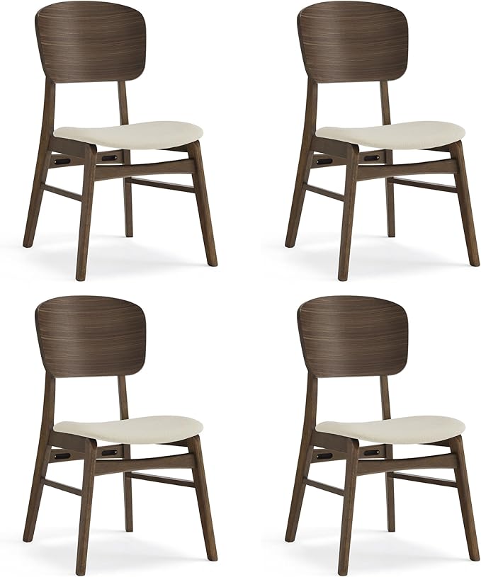 KISLOT Wooden Dining Chairs Set of 4, Upholstered Modern Dining Room Chairs, Mid Century Oak Kitchen Chairs with Ergonomic Wood Backrest for Farmhouse, Restaurant, Café (Cream Fabric & Walnut Color)