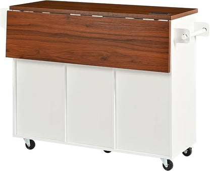 Modern Dining Table Kitchen Island with Drop, Power Outlet, Cart with Shelves, 2 Doors 2 Drawers, Rolling Table for Kitchen Living Room,White-MDF