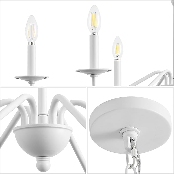 JONATHAN Y 34.75" White 6-Light Bohemian Farmhouse Iron Chandelier, Rustic Candle-Style LED Hanging Light for Dining Room Kitchen Island Entryway Foyer (JYL7559D)