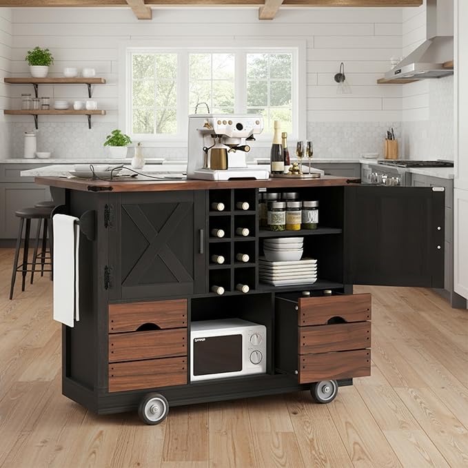 54" Farmhouse Kitchen Island Table with Drop Leaf, Power Outlet, Kitchen Storage Cart with 2 Doors, 2 Drawers, Rolling Kitchen Island on 4 Large Wheels with Spice Rack for Kitchen, Dining Room, Black