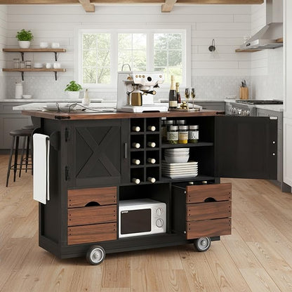 54" Farmhouse Kitchen Island Table with Drop Leaf, Power Outlet, Kitchen Storage Cart with 2 Doors, 2 Drawers, Rolling Kitchen Island on 4 Large Wheels with Spice Rack for Kitchen, Dining Room, Black