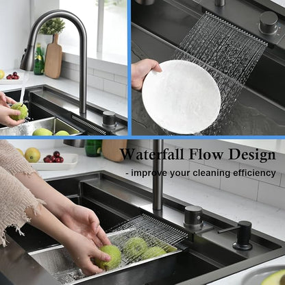 33 Inch Farmhouse Kitchen Sink Splash Guard Waterfall Workstation Black- VOKIM 33x22Inch Apron Front Kitchen Sik Stainless 16 Gauge Farm Sink With Multifunctional Top Loading Flying Rain pull-out